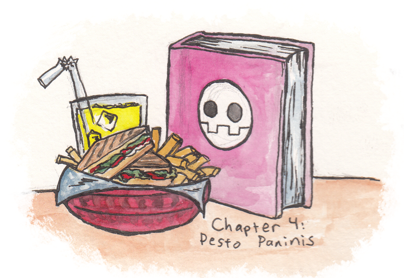 Chapter 4: Pesto Paninis.Chapter image depicts Tron's book and food, including the aforementioned paninis.Recipe forthcoming in the Legends Station Forums' recipe thread, if I find a good one.
