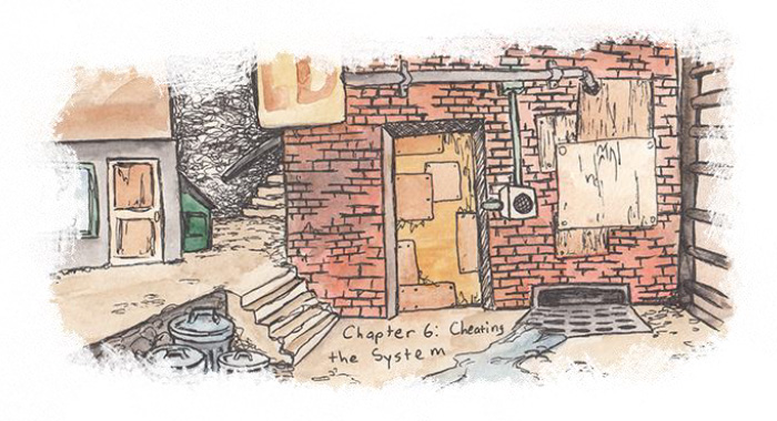 Chapter 6: Cheating the System. Chapter image depicts a derelict alleyway in the sketchy part of Teomo City. Approximately twenty people get tetanus from the rusty metal in this district per month.