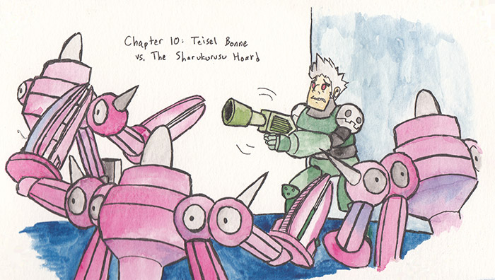 Chapter 10: Teisel Bonne vs. The Sharukurusu Hoard. Chapter image depicts Teisel facing off against a bunch of pink Sharukurusu.