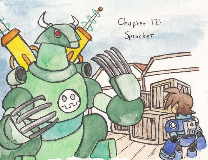 Chapter 12: Sprocket. Chapter image depicts Mega Man Volnutt facing off against a green Bonne mech in a harbor.