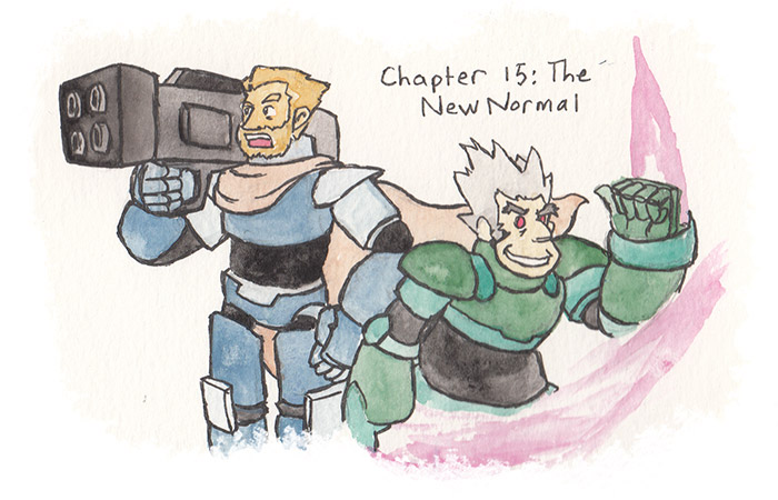 Chapter 15: The New Normal. Chapter image depicts Teisel and Russell doing some action-y things. Teisel has a new suit on without Bonne emblems on it and the pink swords attached to his forearms.