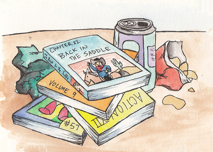 Chapter 22: Back in the Saddle. Chapter image depicts a pile of manga with crumpled snack food wrappers scattered about and a can of soda. The manga on top has the same title as the chapter.