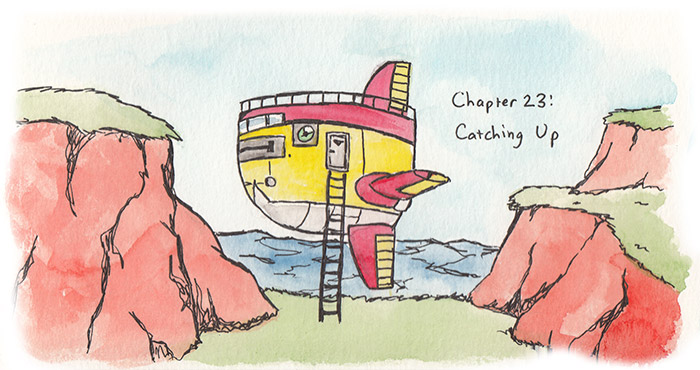Chapter 23: Catching Up. Chapter Image depicts the Flutter docked in the fields of Klickelan Island.