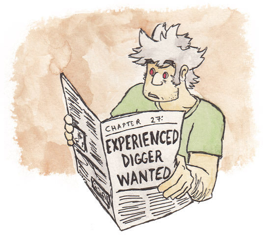 Chapter 27: Experienced Digger Wanted. Chapter image depicts Teisel reading a newspaper.