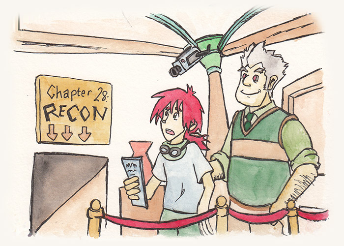 Chapter 28: Recon. Chapter image depicts Teisel and Pic checking out the Teomo City Museum during operating hours.