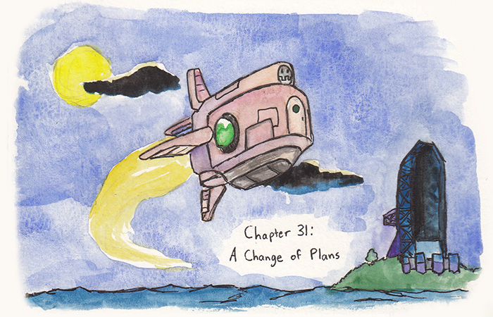 Chapter 31: A Change of Plans. Image depicts a Drache flying over the ocean.