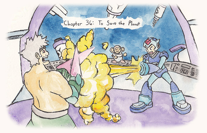 Chapter 36: To Save the Planet. Illustration depicts Teisel fighting Trigger in his underwear in space. No, really.