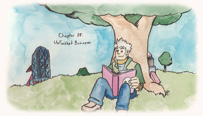 Chapter 38: Unfinished Business. Illustration depicts Teisel reading Tron's book under the tree on Volnutt Island.