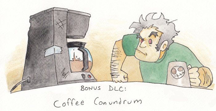 Coffee Conundrum DLC: Teisel's room is very brown and cavernous, with...oh, wait, this isn't a picture. This is a secret chapter, and it's header is a picture of Teisel giving the coffee machine a death glare as it percolates. Enjoy the free, exclusive Legends Station DLC!