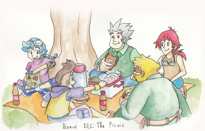 Bonus DLC: The Picnic. It's just a picture of the Bright Bats eating sandwiches and snacks under a tree, but I like to think that I got better at painting than I was five years ago, when I wrote the main story. If you've got a visual impairment or the image links broke and you and can't tell, all of these chapter headers have been done in ink and watercolors. The more you know!